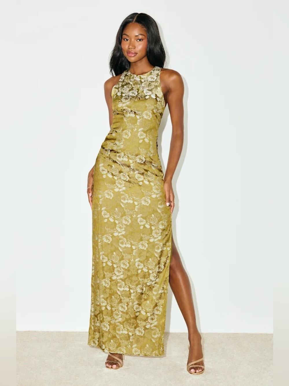New Lulus Lamila Chartreuse Floral Satin Column Maxi Dress S